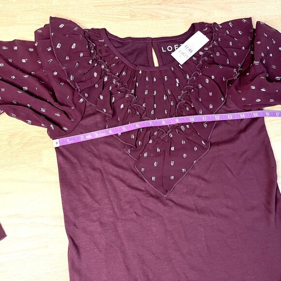 NWT LOFT Shimmer Ruffle Yoke Top Burgundy - Picture 7 of 7